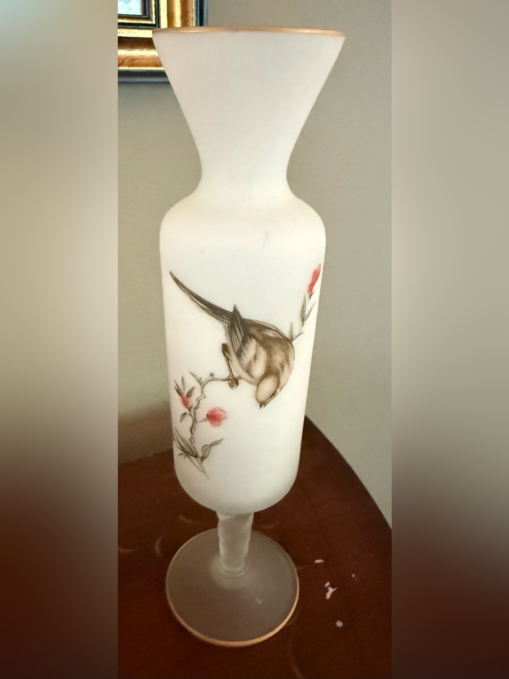 Vintage Norleans Frosted Glass Vase Hand-Painted with Bird Motif Gold Italy